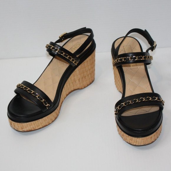 Chanel 20C Black Leather CC Chain Wicker Platform Wedge Sandal EU 40.5 / US 10.5 - Picture 2 of 11